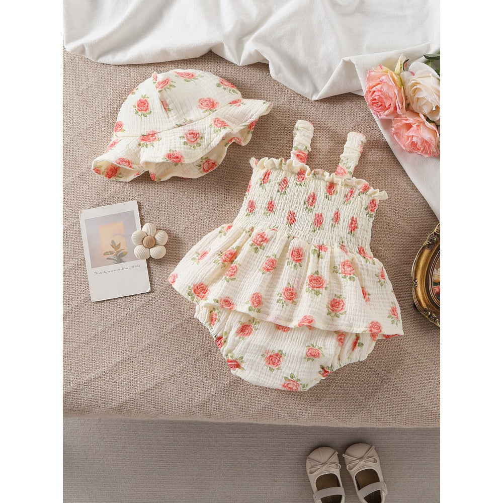 Baby Kids Girls Sleeveless Flowers Pattern Bodysuit with Hat