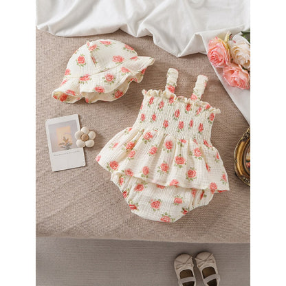 Baby Kids Girls Sleeveless Flowers Pattern Bodysuit with Hat