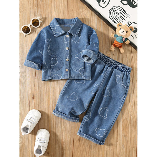 Baby Kids Short Sleeves Cartoon Pattern Denim Jacket and Jeans 2-Piece Clothing Set