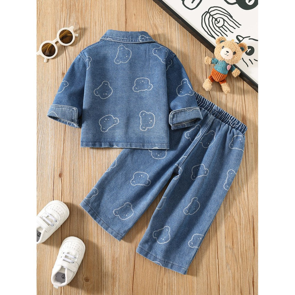 Baby Kids Short Sleeves Cartoon Pattern Denim Jacket and Jeans 2-Piece Clothing Set