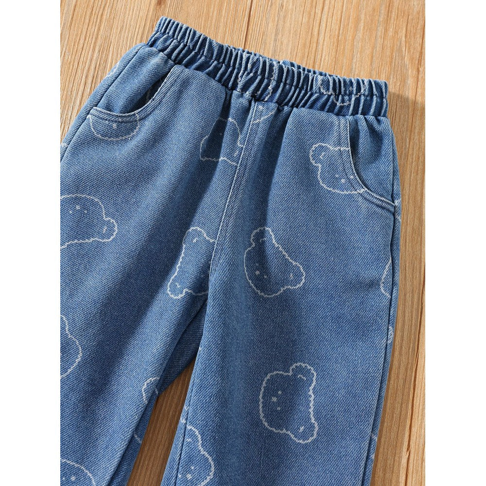 Baby Kids Short Sleeves Cartoon Pattern Denim Jacket and Jeans 2-Piece Clothing Set