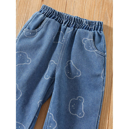 Baby Kids Short Sleeves Cartoon Pattern Denim Jacket and Jeans 2-Piece Clothing Set