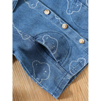 Baby Kids Short Sleeves Cartoon Pattern Denim Jacket and Jeans 2-Piece Clothing Set