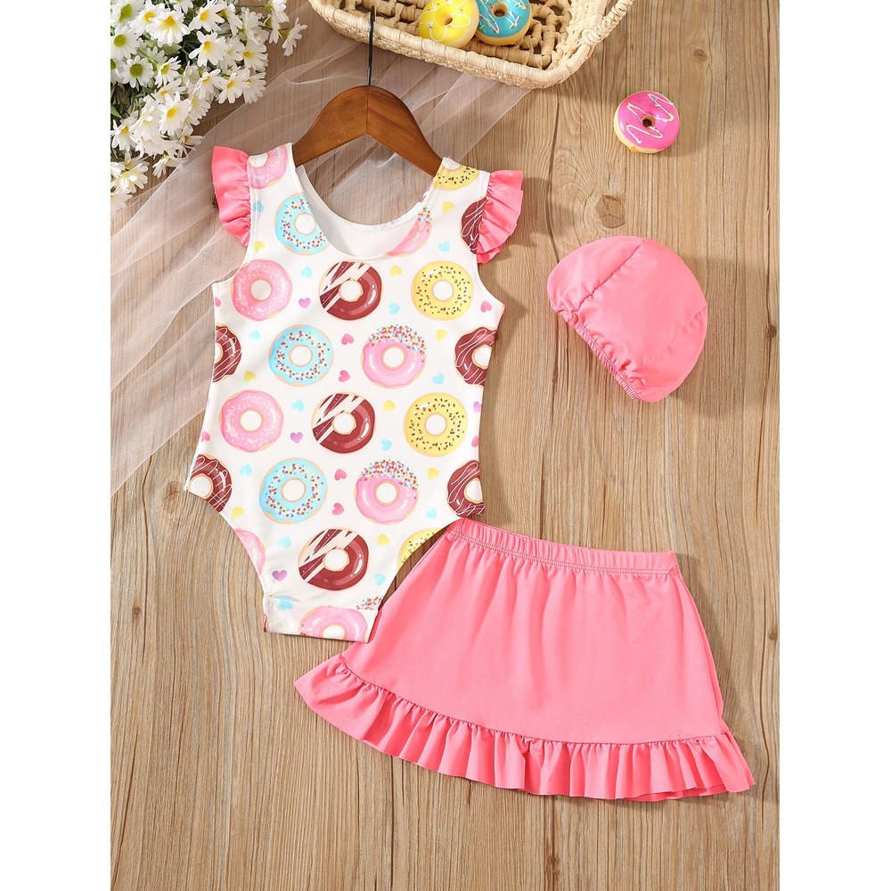 Girls' Doughnut Pattern Swimwear 3‑Piece Set