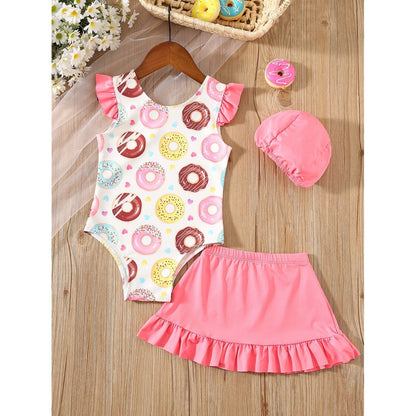 Girls' Doughnut Pattern Swimwear 3‑Piece Set