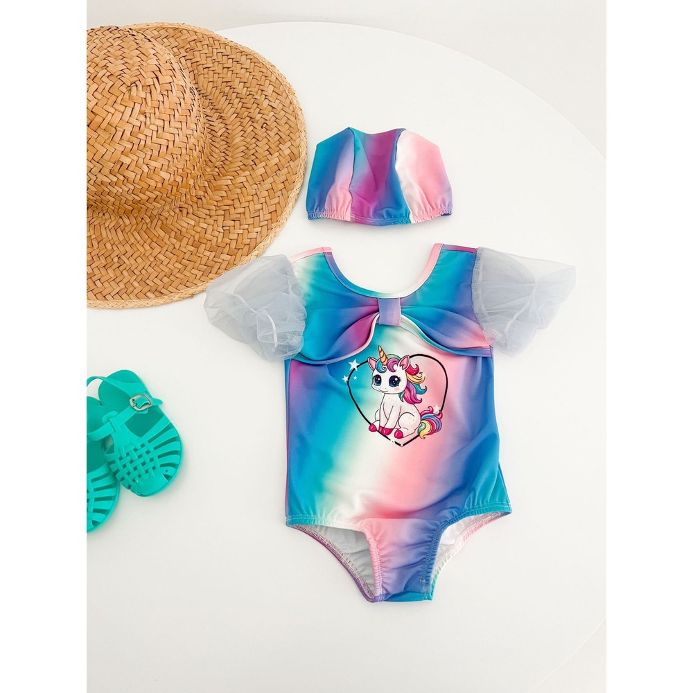 Girls' Cartoon Pattern Swimwear with Hat 2‑Piece Set