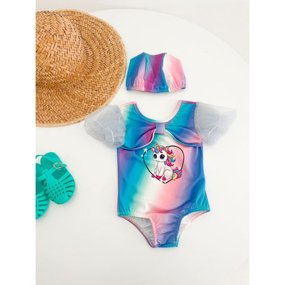 Girls' Cartoon Pattern Swimwear with Hat 2‑Piece Set