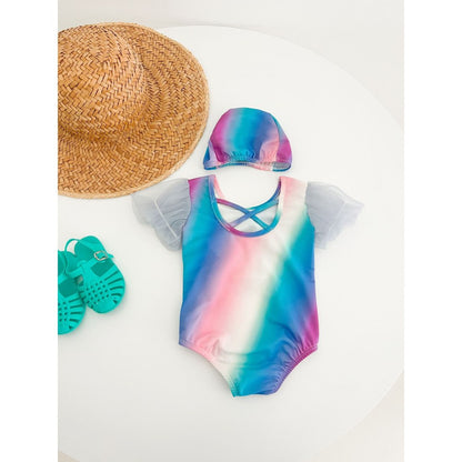 Girls' Cartoon Pattern Swimwear with Hat 2‑Piece Set