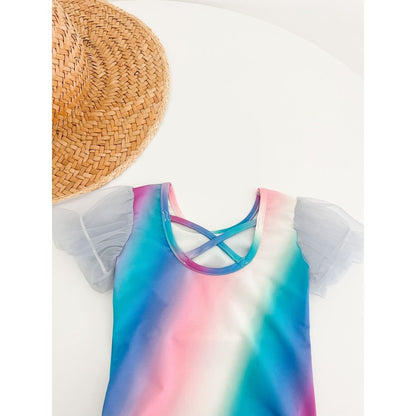 Girls' Cartoon Pattern Swimwear with Hat 2‑Piece Set