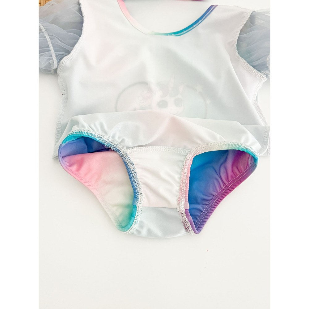 Girls' Cartoon Pattern Swimwear with Hat 2‑Piece Set
