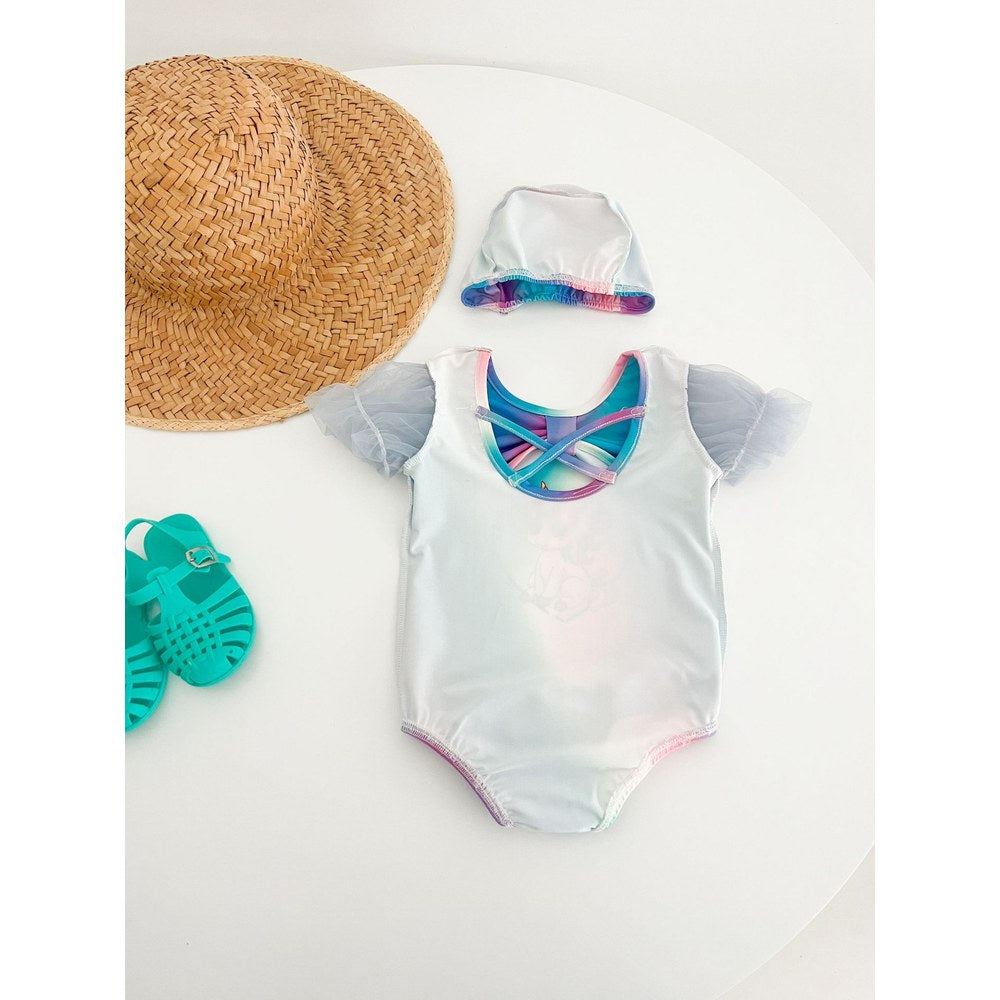 Girls' Cartoon Pattern Swimwear with Hat 2‑Piece Set