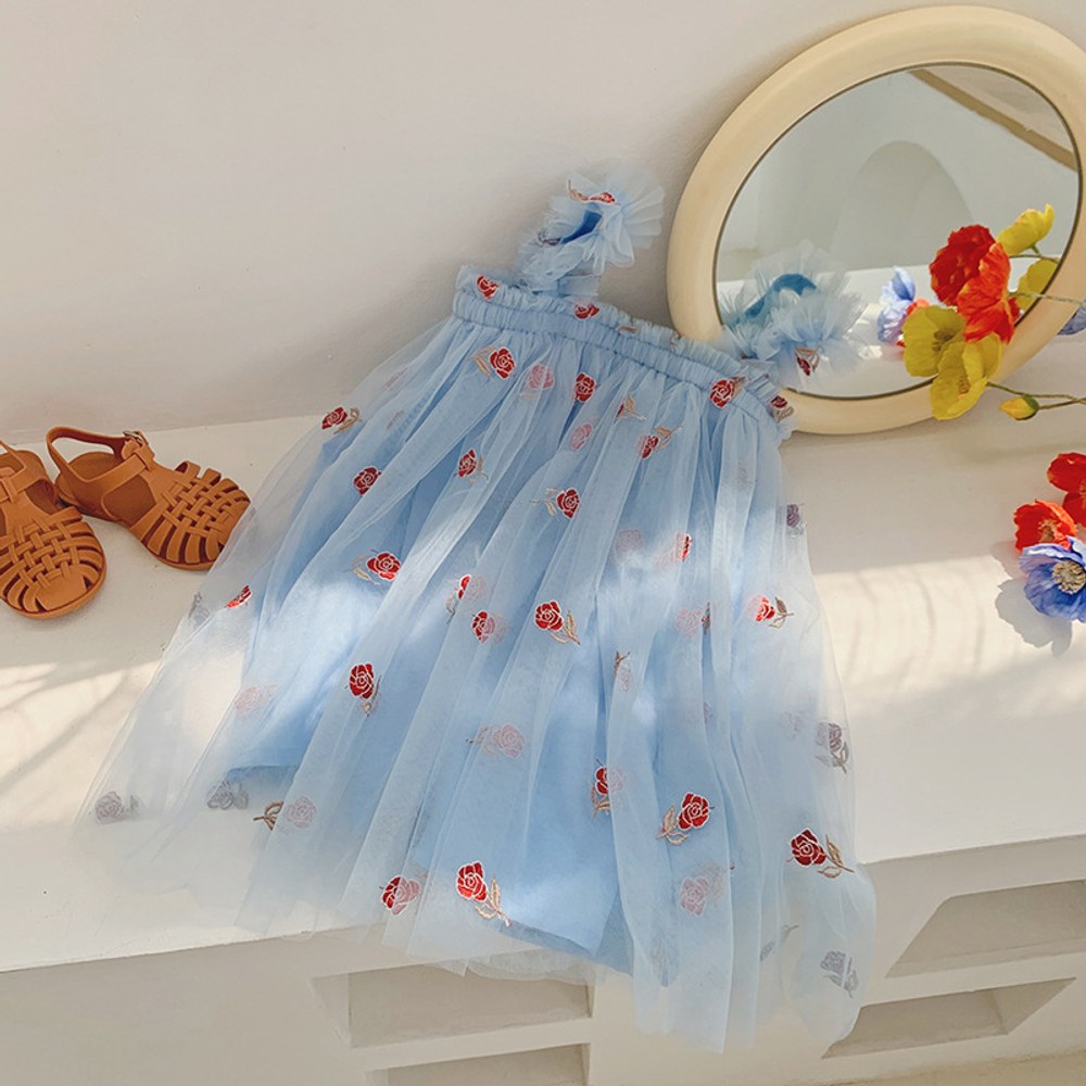Baby Kids Girls Sleeveless Floral Pattern Tulle Strap Dress