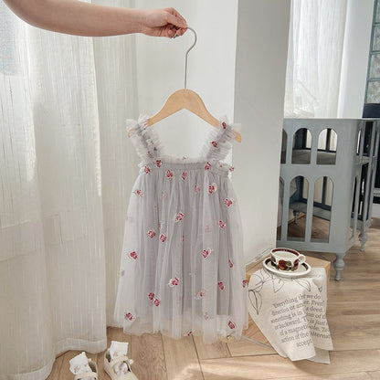 Baby Kids Girls Sleeveless Floral Pattern Tulle Strap Dress