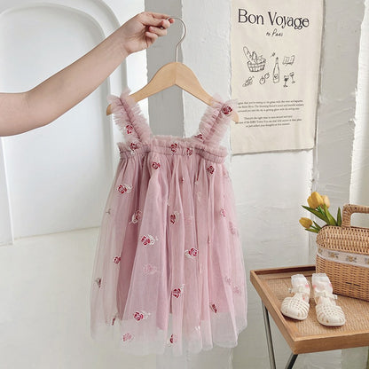 Baby Kids Girls Sleeveless Floral Pattern Tulle Strap Dress