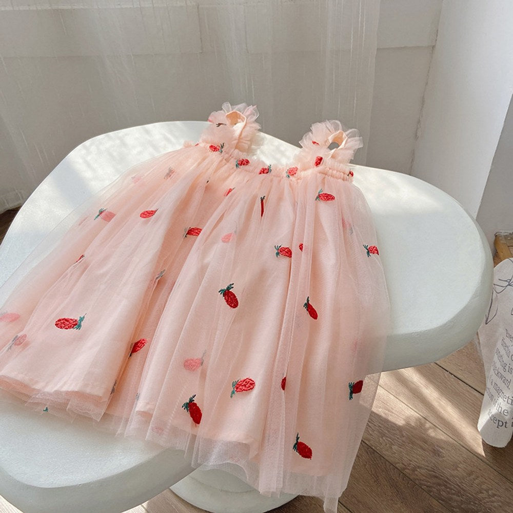Baby Kids Girls Sleeveless Floral Pattern Tulle Strap Dress