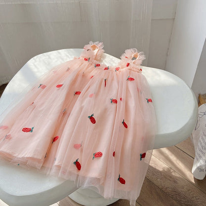 Baby Kids Girls Sleeveless Floral Pattern Tulle Strap Dress