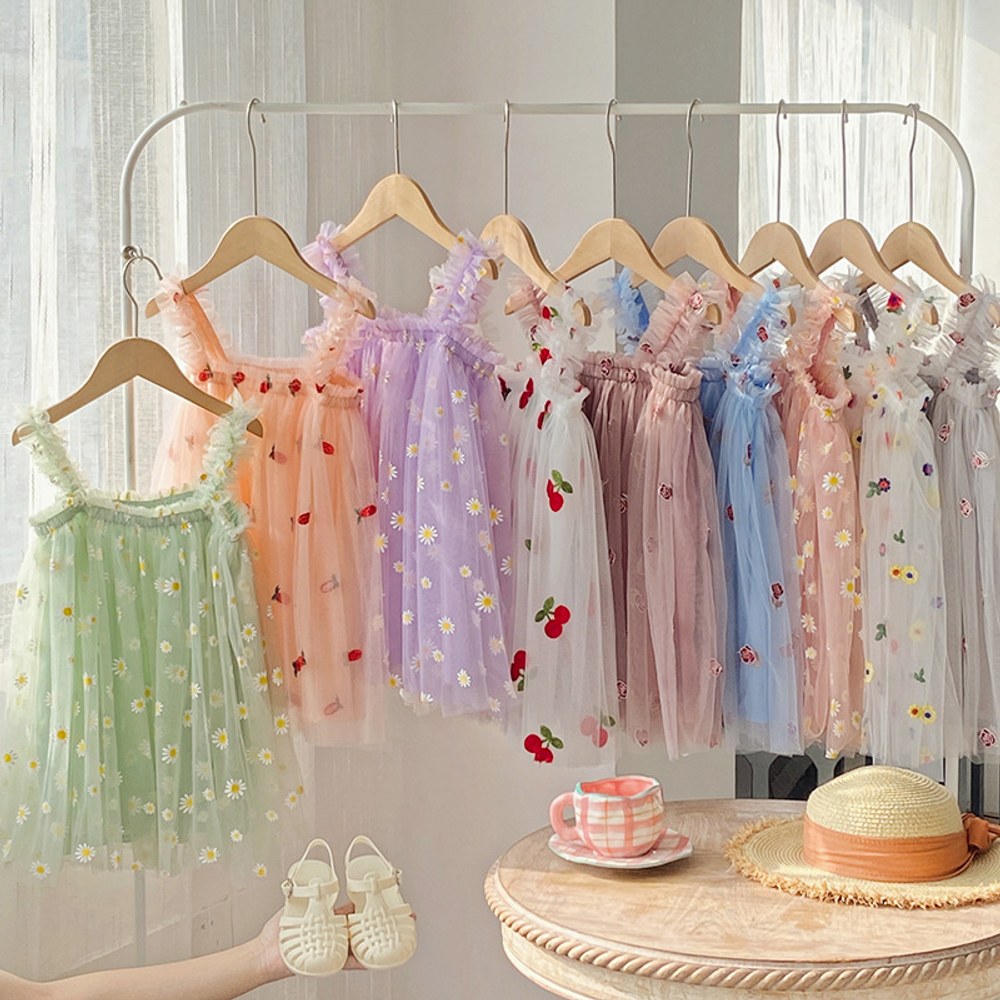 Baby Kids Girls Sleeveless Floral Pattern Tulle Strap Dress