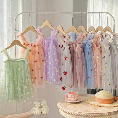 Baby Kids Girls Sleeveless Floral Pattern Tulle Strap Dress
