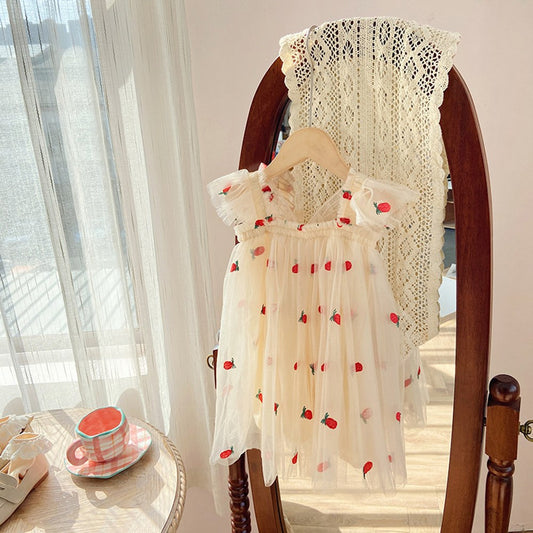 Baby Kids Girls Fly Sleeves Floral Pattern Tulle Strap Dress