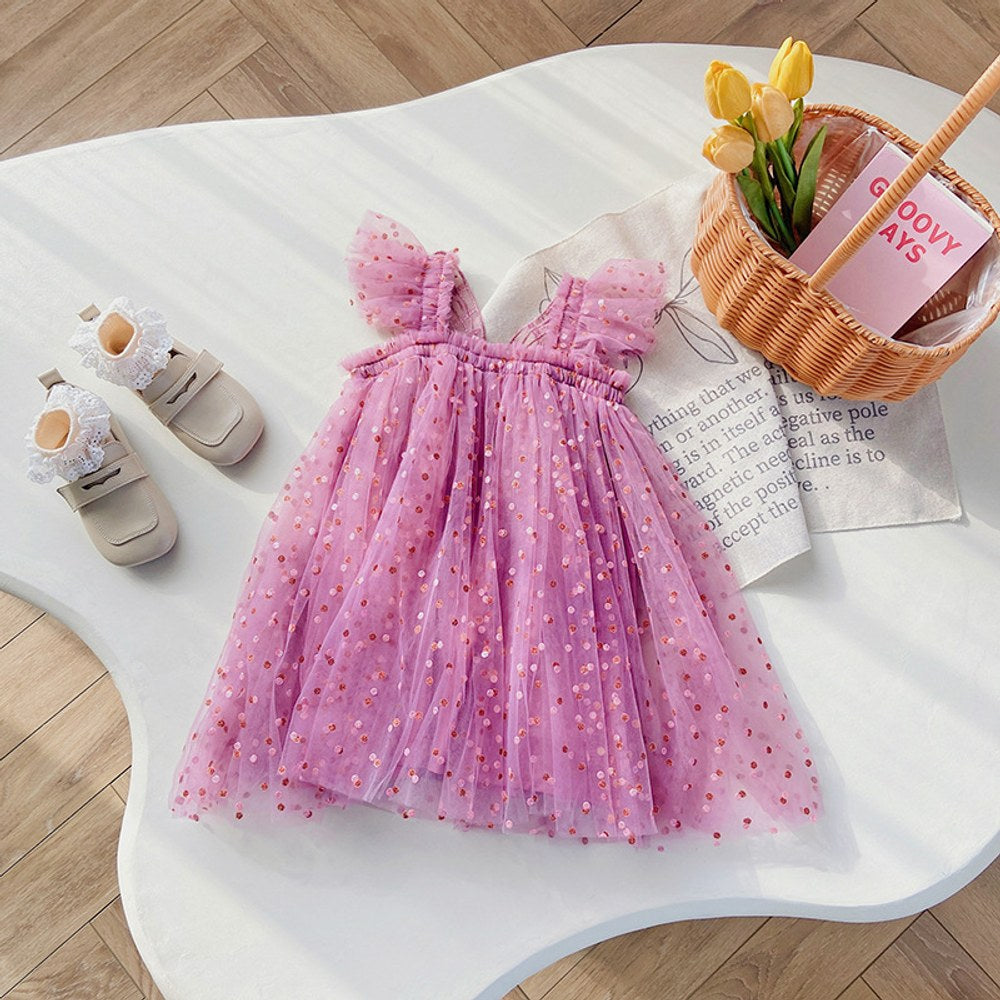 Baby Kids Girls Fly Sleeves Floral Pattern Tulle Strap Dress
