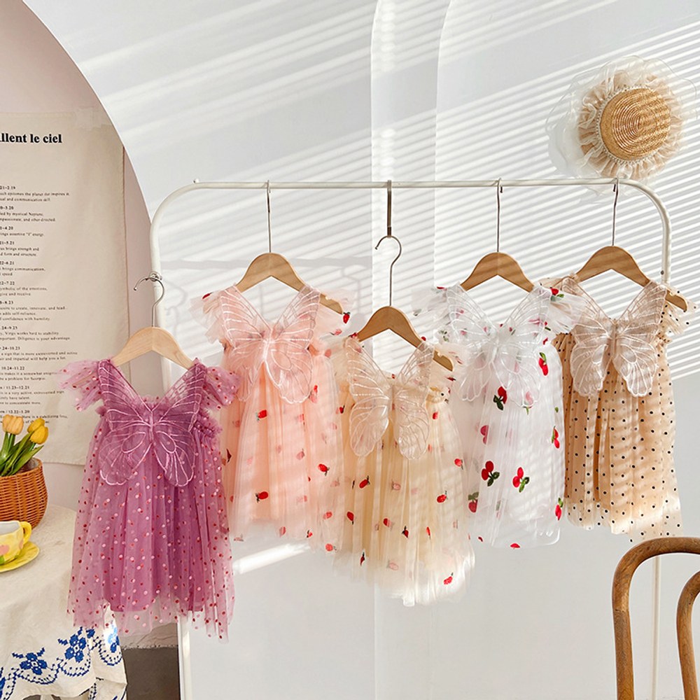 Baby Kids Girls Fly Sleeves Floral Pattern Tulle Strap Dress