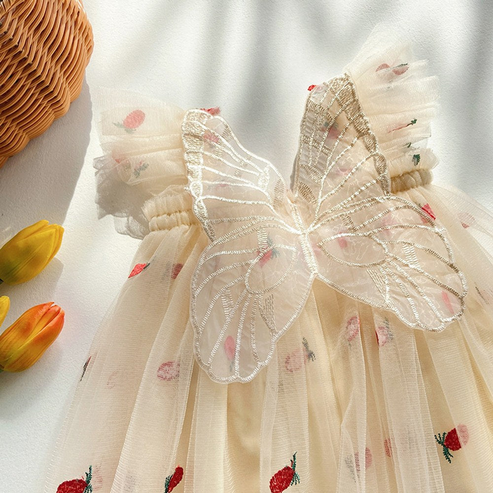 Baby Kids Girls Fly Sleeves Floral Pattern Tulle Strap Dress