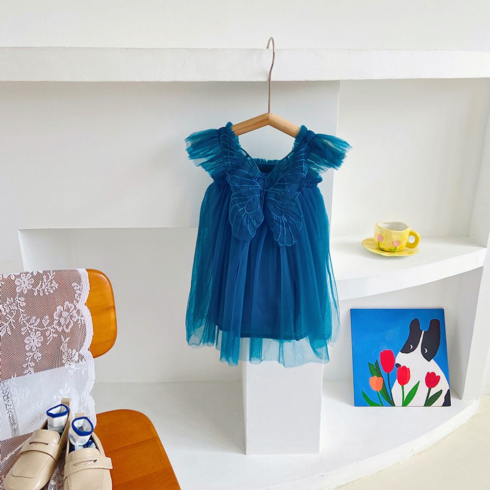 Baby Kids Girls Fly Sleeves Butterfly Pattern Tulle Strap Dress