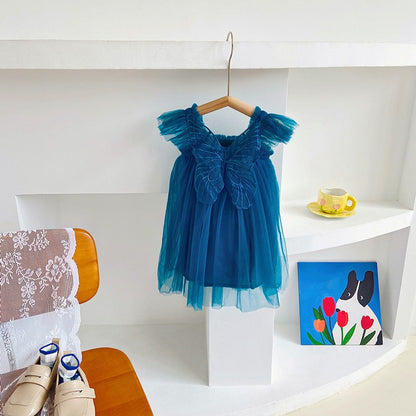 Baby Kids Girls Fly Sleeves Butterfly Pattern Tulle Strap Dress
