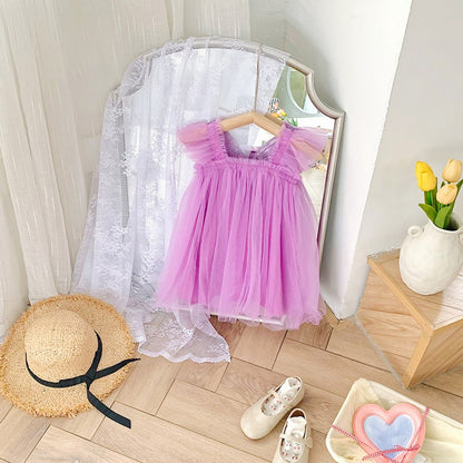 Baby Kids Girls Fly Sleeves Butterfly Pattern Tulle Strap Dress