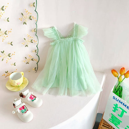 Baby Kids Girls Fly Sleeves Butterfly Pattern Tulle Strap Dress