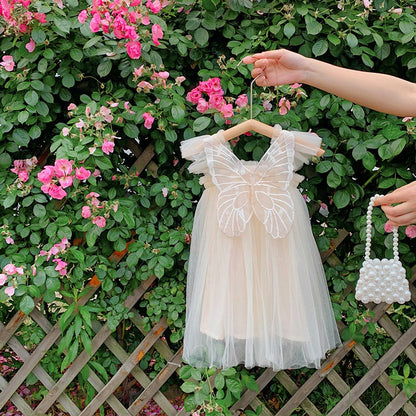 Baby Kids Girls Fly Sleeves Butterfly Pattern Tulle Strap Dress