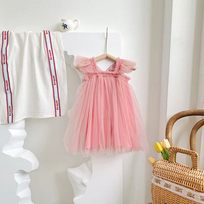Baby Kids Girls Fly Sleeves Butterfly Pattern Tulle Strap Dress
