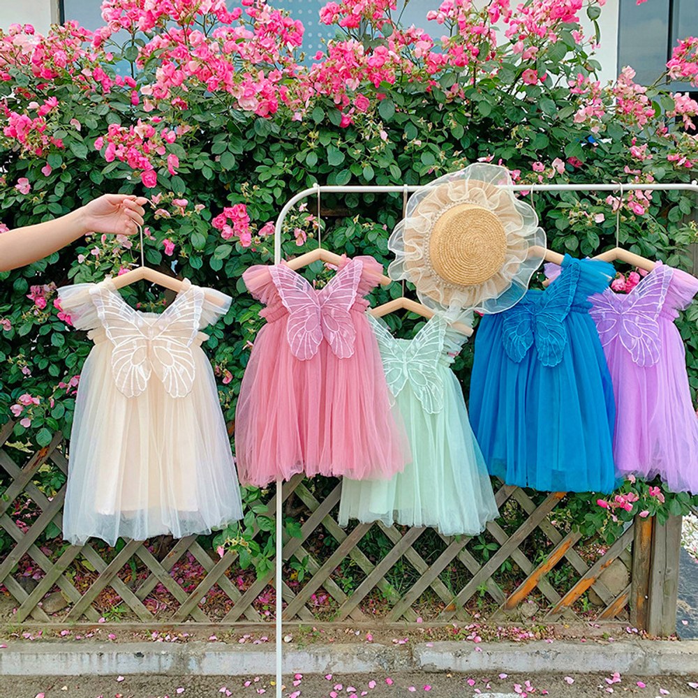 Baby Kids Girls Fly Sleeves Butterfly Pattern Tulle Strap Dress