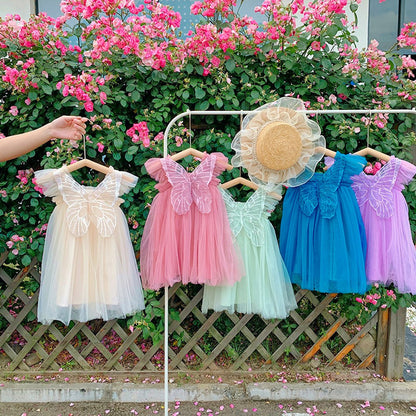 Baby Kids Girls Fly Sleeves Butterfly Pattern Tulle Strap Dress