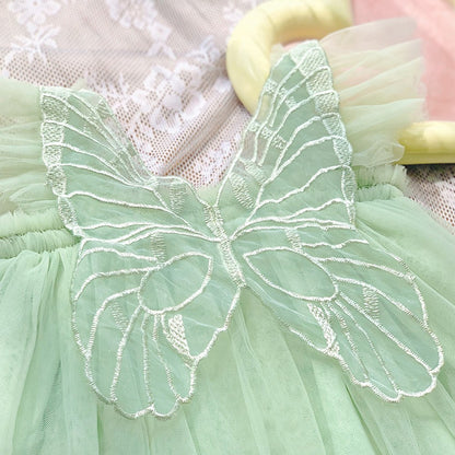 Baby Kids Girls Fly Sleeves Butterfly Pattern Tulle Strap Dress