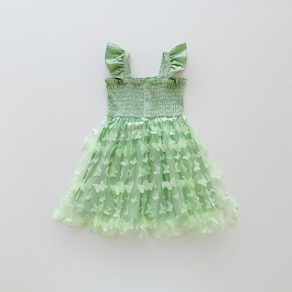 Baby Kids Girls Fly Sleeves Butterfly Pattern Tulle Strap Dress