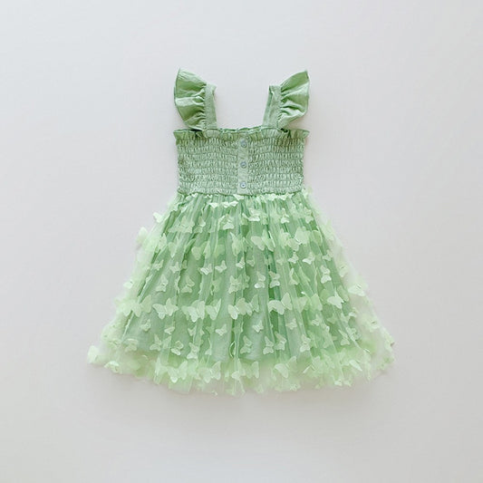 Baby Kids Girls Fly Sleeves Butterfly Pattern Tulle Strap Dress