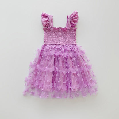 Baby Kids Girls Fly Sleeves Butterfly Pattern Tulle Strap Dress