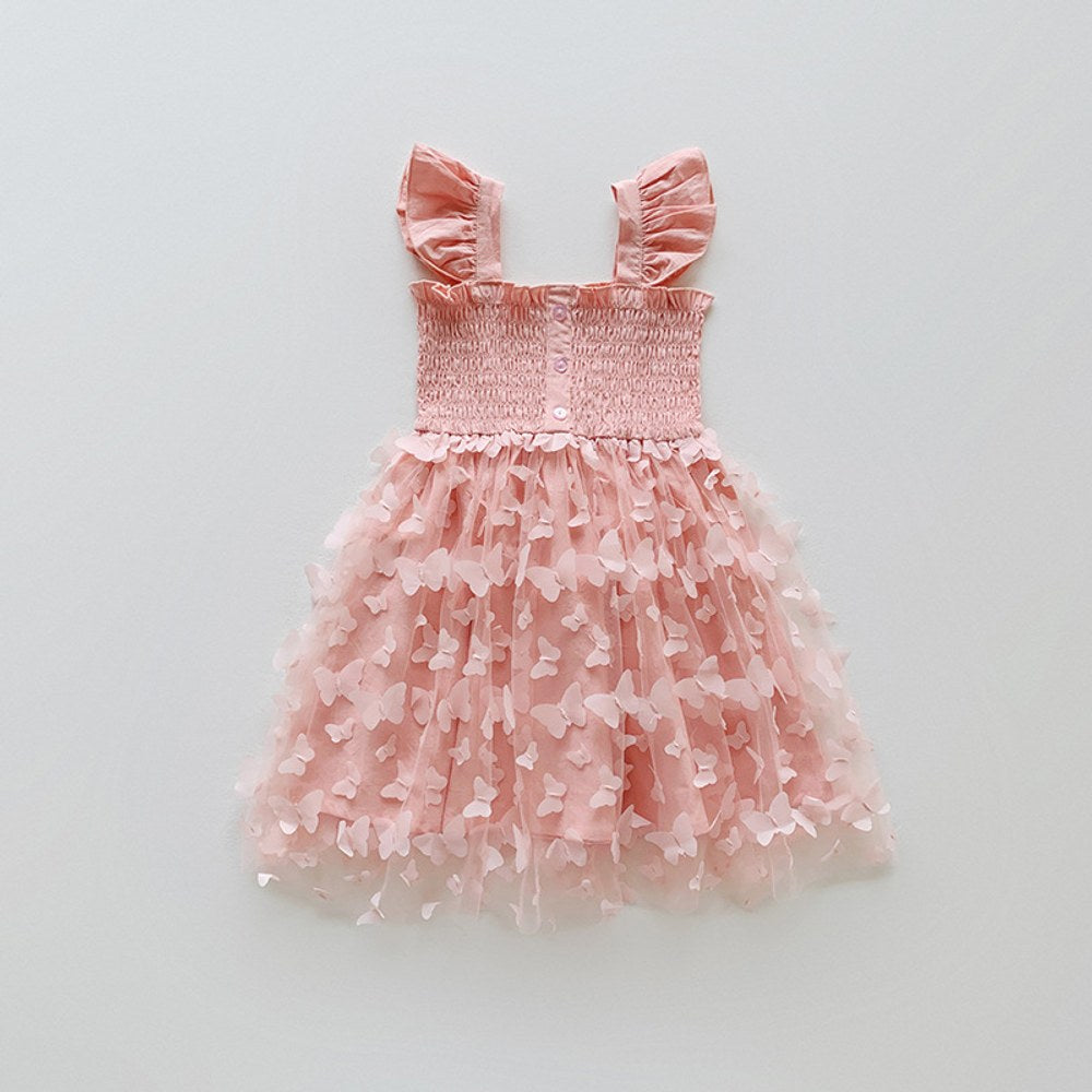 Baby Kids Girls Fly Sleeves Butterfly Pattern Tulle Strap Dress