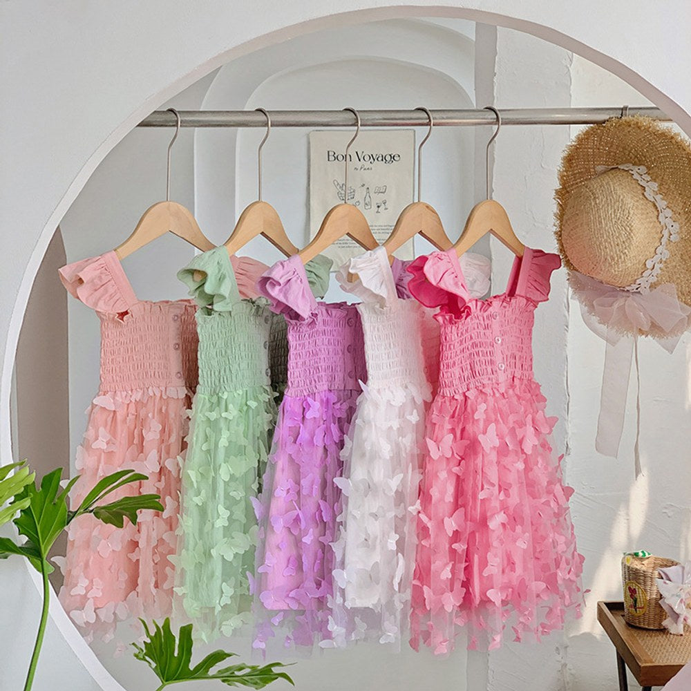 Baby Kids Girls Fly Sleeves Butterfly Pattern Tulle Strap Dress