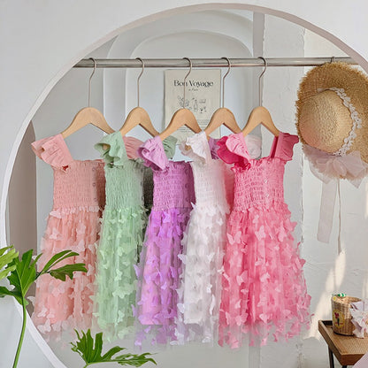 Baby Kids Girls Fly Sleeves Butterfly Pattern Tulle Strap Dress
