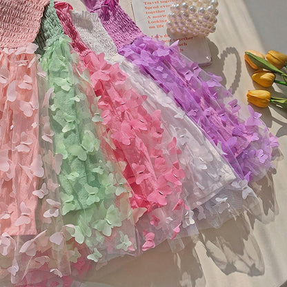 Baby Kids Girls Fly Sleeves Butterfly Pattern Tulle Strap Dress