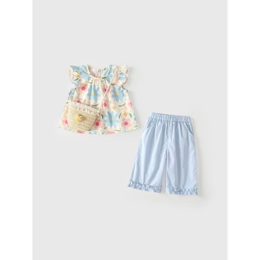 Baby Kids Girls Fly Sleeves Floral Pattern Top and Blue Pants 2-Piece Clothing Set
