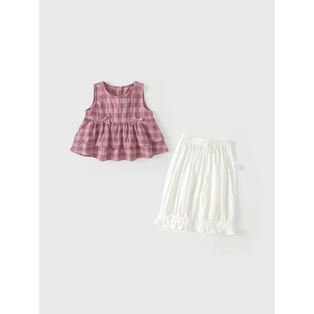 Baby Kids Girls Sleeveless Plaid Pattern Top and Beige Pants 2-Piece Clothing Set