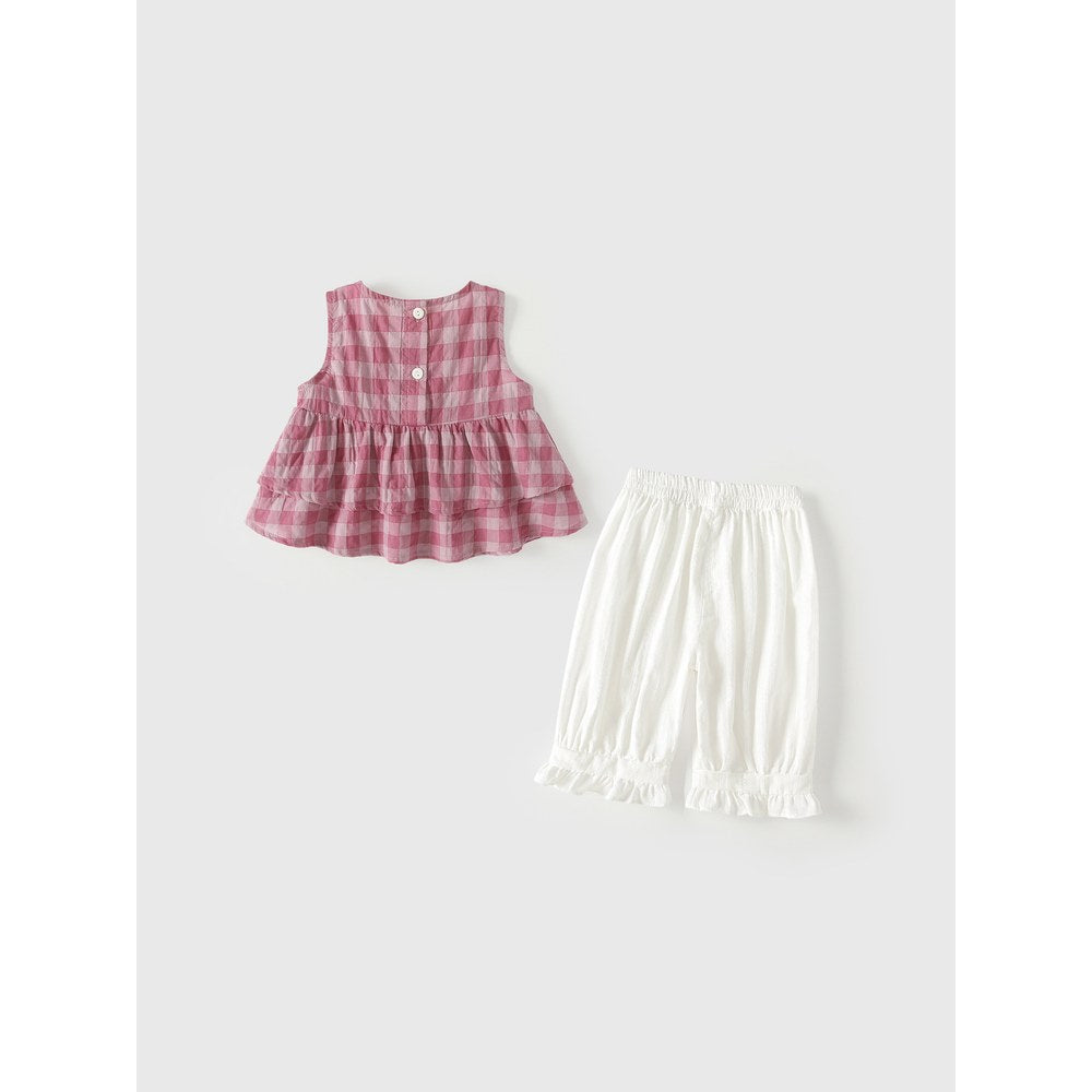 Baby Kids Girls Sleeveless Plaid Pattern Top and Beige Pants 2-Piece Clothing Set