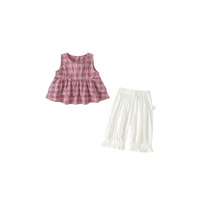 Baby Kids Girls Sleeveless Plaid Pattern Top and Beige Pants 2-Piece Clothing Set