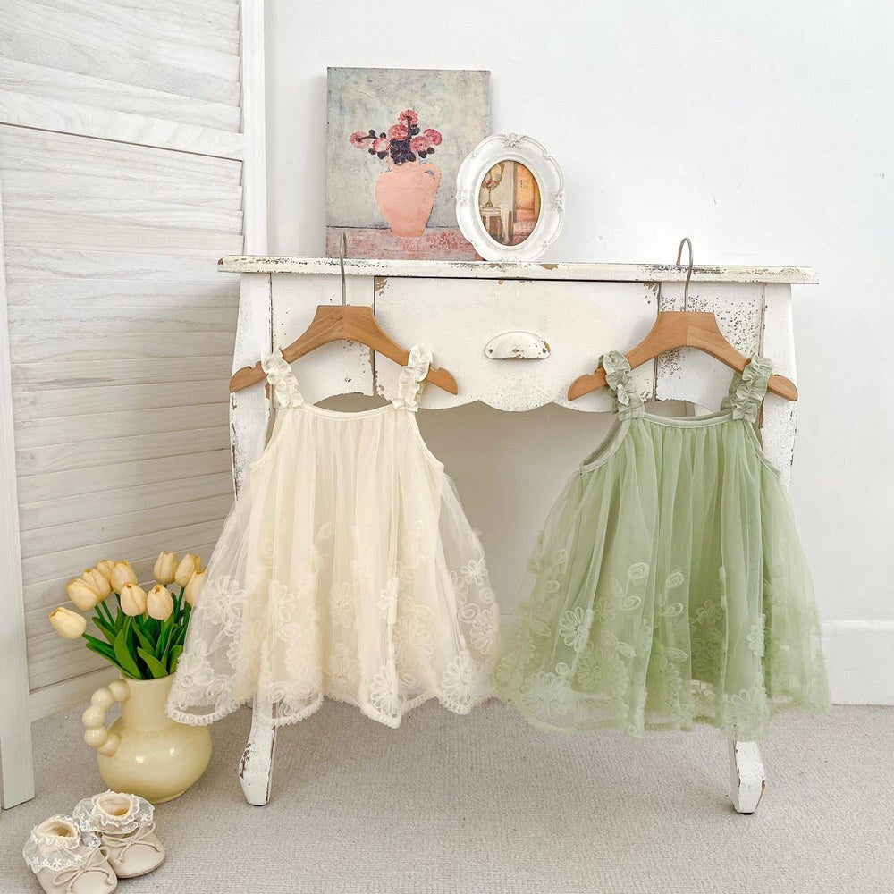 Sleeveless Solid Color Flowers Pattern Dress for Stylish Girls