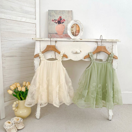 Sleeveless Solid Color Flowers Pattern Dress for Stylish Girls