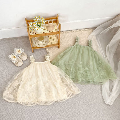 Sleeveless Solid Color Flowers Pattern Dress for Stylish Girls