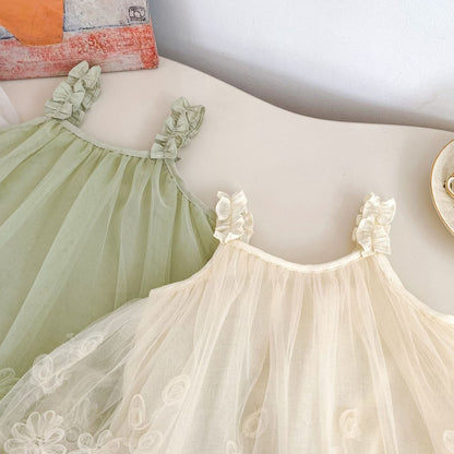 Sleeveless Solid Color Flowers Pattern Dress for Stylish Girls